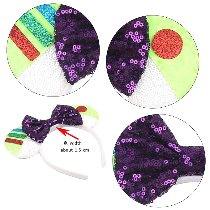 zhezesmila Toy Story Ears Mouse Ears Mic Headbands, Mouse Ears Sequin Bow Headbands for Women, Cosplay Costume Party Decorations (Green)