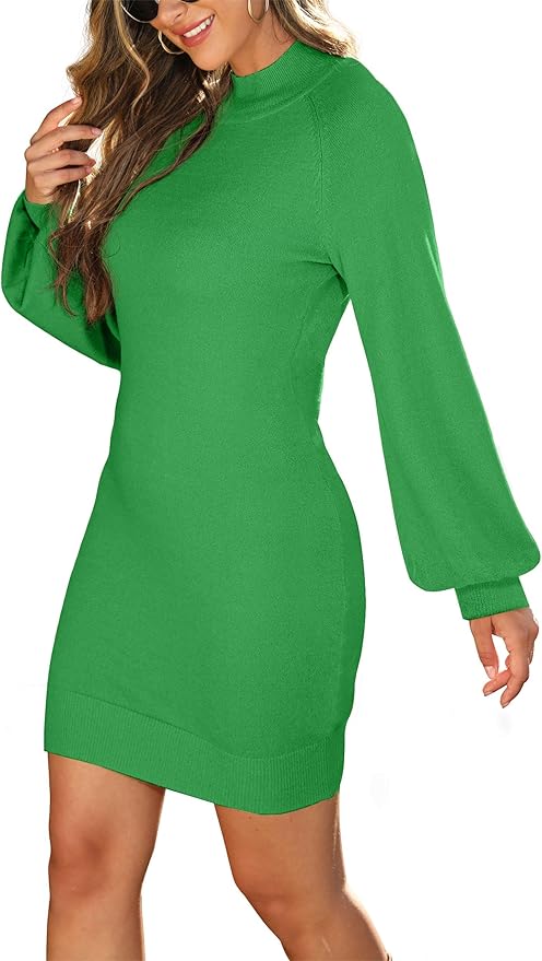 GRECERELLE 2026 Women's Mock Neck Ribbed Long Sleeve Bodycon Pullover Cute Mini Sweater Dress (XS-2XL)