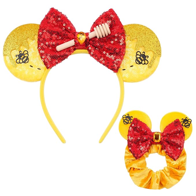zhezesmila Mouse Ears Headbands 2 Sets Honey Bee Sequin Minn Ears Scrunchies Yellow Bear Ears Hair Accessories for Women Carnival Birthday Party