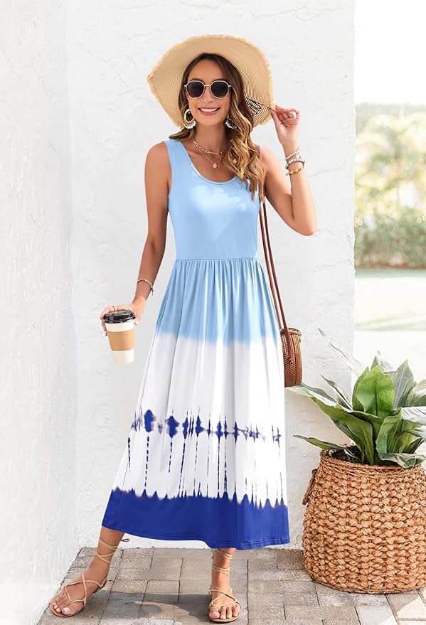 WNEEDU Women's Summer Maxi Dress 2026 Casual Sleeveless Hawaiian Sundress Tropical Long Dress Beach Vacation Outfit