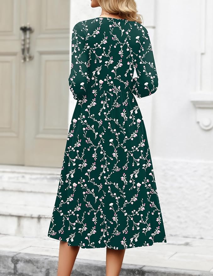 Zeagoo 3/4 Sleeve Women's Dress Casual Flowy A-Line Midi Tshirt Dresses with Pockets Crewneck Vocation Boho Beach Sundress