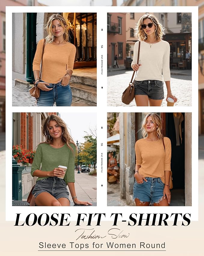 Ficerd 3 Pack 3/4 Sleeve Tops for Women Round Neck Dressy Basics Tees Casual Trendy Loose Fit T Shirts