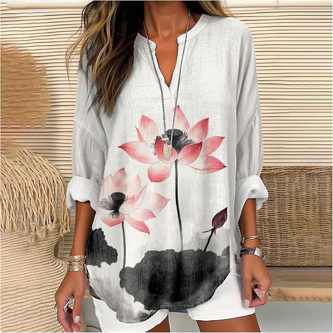 MARSVOVO V Neck Shirt For Women Boho Multi Style Blouse Long Sleeve Novelty Graphic Plus Size Pullover Tops For Women