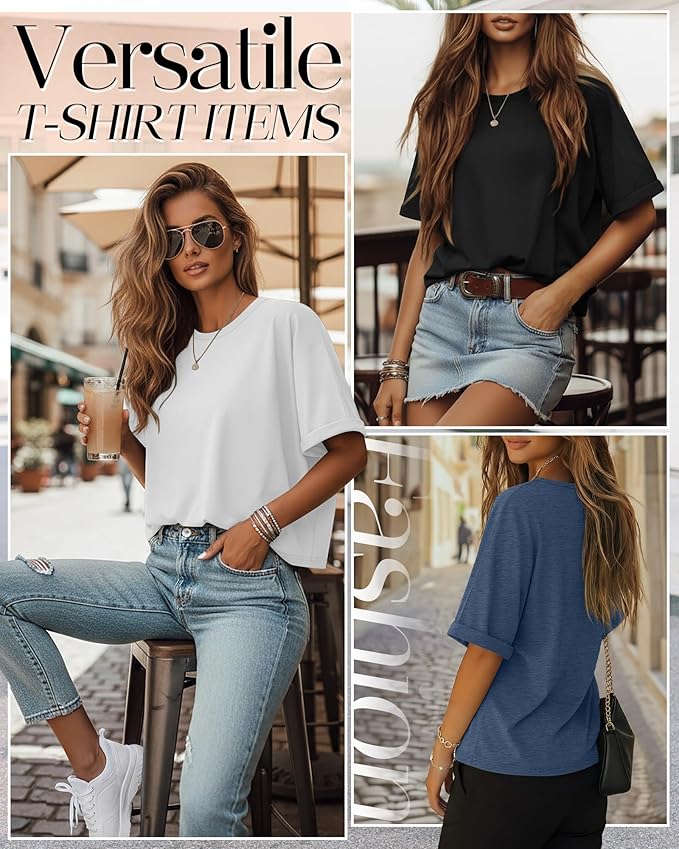 Riyiper 3 Pack Women's Oversized T-Shirt Half Sleeve Summer Tees Casual Loose Fit Crew Neck Basic Tops
