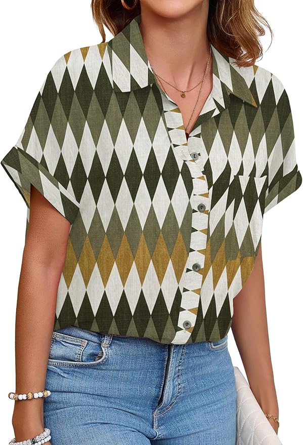 Womens Button Down Shirt Casual Short Sleeve Collared Work Blouse with Pocket