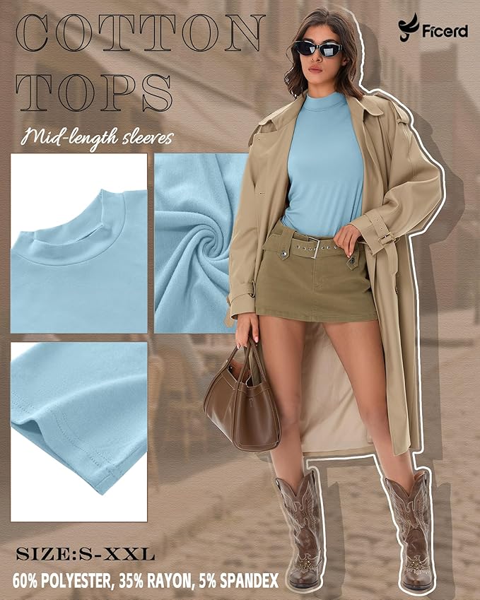 Ficerd 3 Pack Women's 1/2 Sleeve Mock Turtleneck Shirts, Elbow Length Shirt Half Sleeve Tunic Top Casual Summer Basic Tees