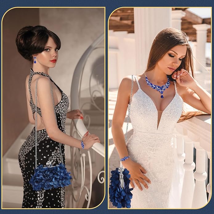 4 Pcs Flower Clutch Rhinestone Jewelry Set Rose Clutch Handbags with Detachable Strap Detachable Necklace Earrings Bracelets for Wedding Party Prom Valentine Gift