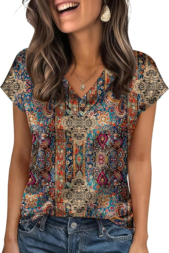 Zeagoo Women Silk Satin Tops Cap Short Sleeve Blouse V Neck Shirts Business Casual Outfits S-2XL