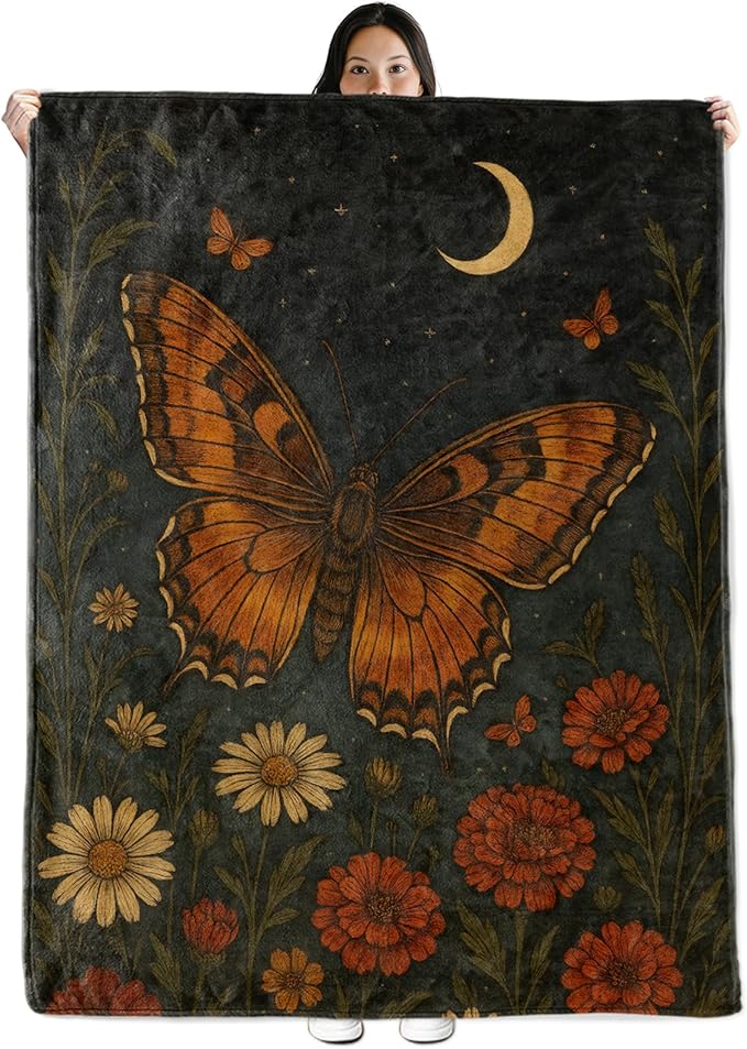 Butterfly Gifts, Orange Butterfly and Moon Theme Flannel Blanket for Women, Gothic Birthday Throw Blankets for Kids, Girls, Travel Camping Sofa Living Room Decor 60x80 in