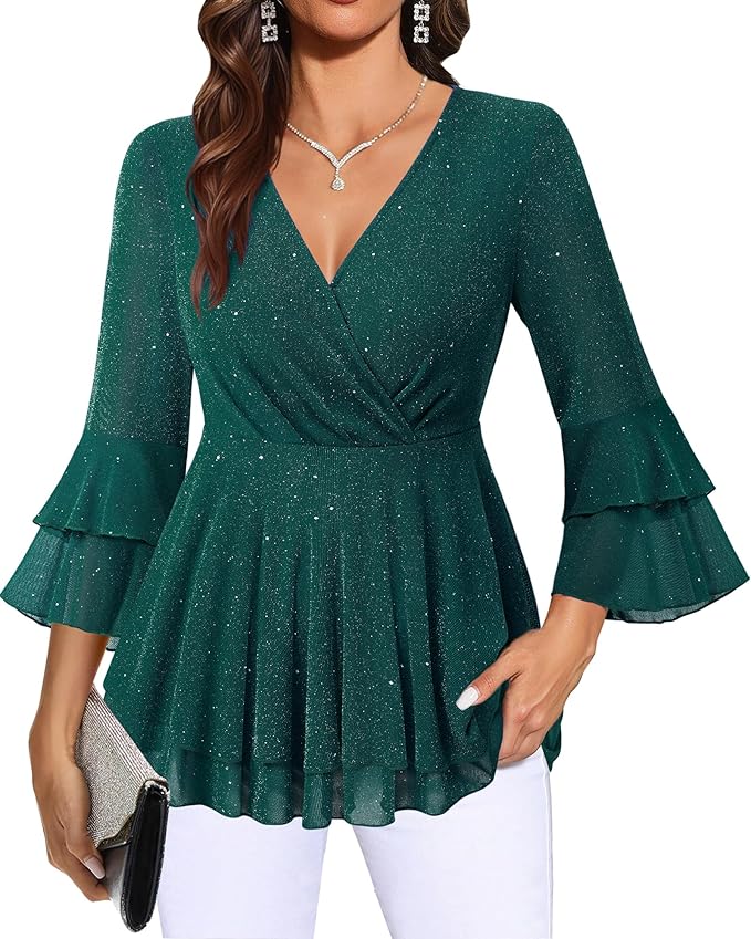 Lotusmile Women's Dressy Blouses Ruffle 3/4 Sleeve Peplum Sparkly Tops