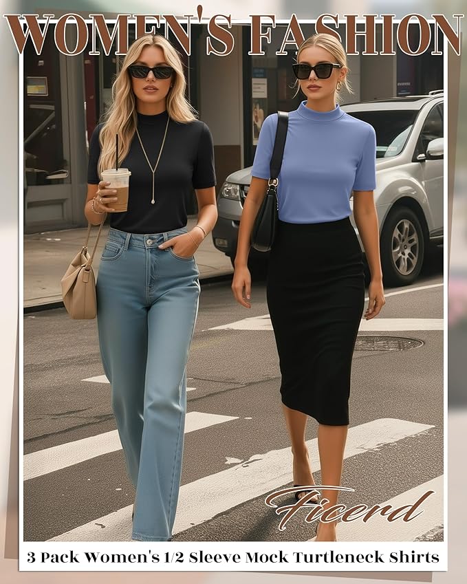 Ficerd 3 Pack Women's 1/2 Sleeve Mock Turtleneck Shirts, Elbow Length Shirt Half Sleeve Tunic Top Casual Summer Basic Tees