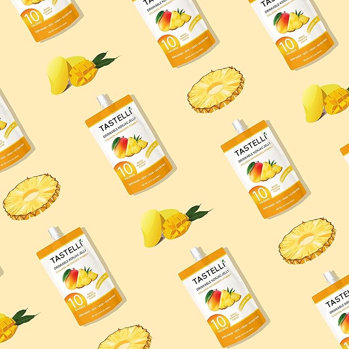 Tastelli Konjac Jelly Infused with Collagen & Vitamin C | Gluten Free, Sugar Free, Low Calorie | Vegan Drinkable Fruit Jelly Snack | Mango Pineapple | 150mL x 10 Pouches