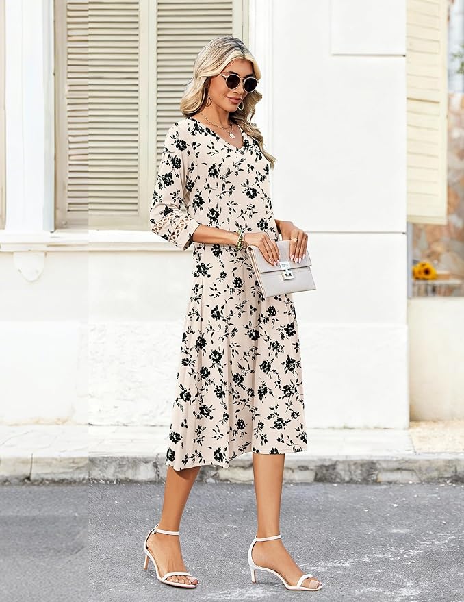 Zeagoo Women's Dresses 3/4 Sleeve Summer Casual V-Neck A Line Flowy Eyelet Midi Dress for Women Beach Vacation Sundress