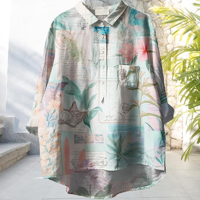 Womens Boho Tops 3/4 Long Sleeve Floral Blouses Hawaii Beach Button Down Shirts V Neck Pullover Casual Tunics