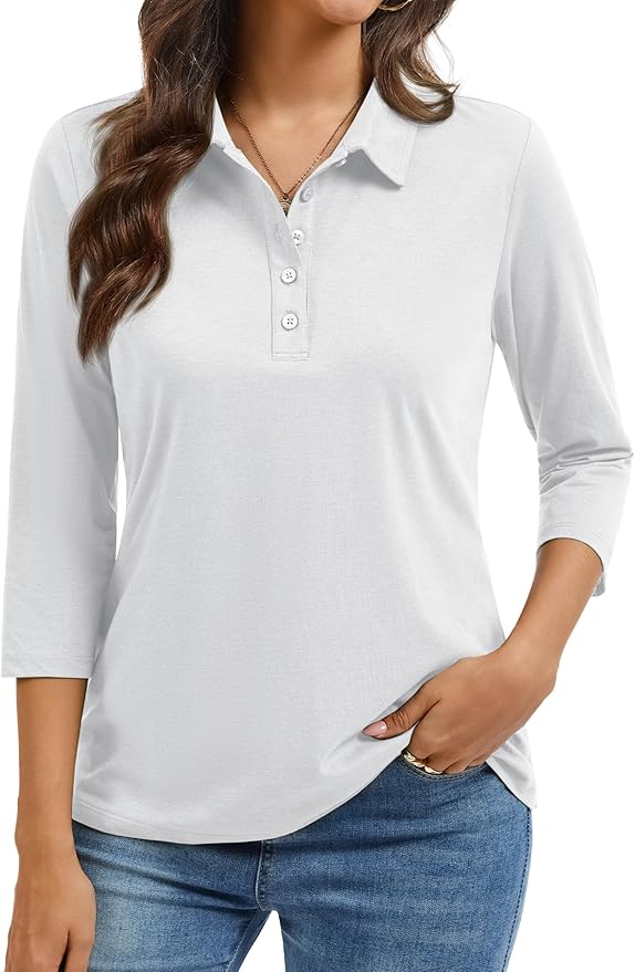 YUCOLEN Polo Shirts for Women 3/4 Sleeve Tops Golf Tees 5-Button Collared Cotton Shirt Business Casual