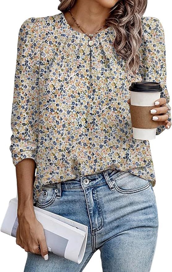 Samefar Womens Tops Dressy Casual Pleated Crew Neck Long Sleeve Shirts Office Work Chiffon Blouses