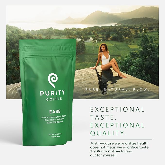 Purity Coffee EASE Dark Roast Low Acid Organic Coffee - USDA Certified Organic Specialty Grade Arabica Whole Bean Coffee - Third Party Tested for Mold, Mycotoxins and Pesticides - 12 oz Bag