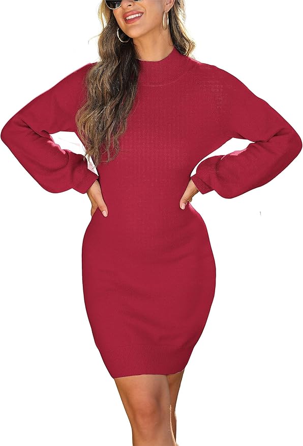 GRECERELLE 2026 Women's Mock Neck Ribbed Long Sleeve Bodycon Pullover Cute Mini Sweater Dress (XS-2XL)