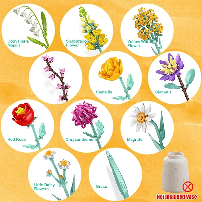 Flowers Bouquet Building Set, 1070PCS Wildflower Botanical Collection Kit, Artificial Plant Flower Toy for Women Kids Girls, Home Office Decor Gift for Valentine's Day, Mother's Day, Christmas