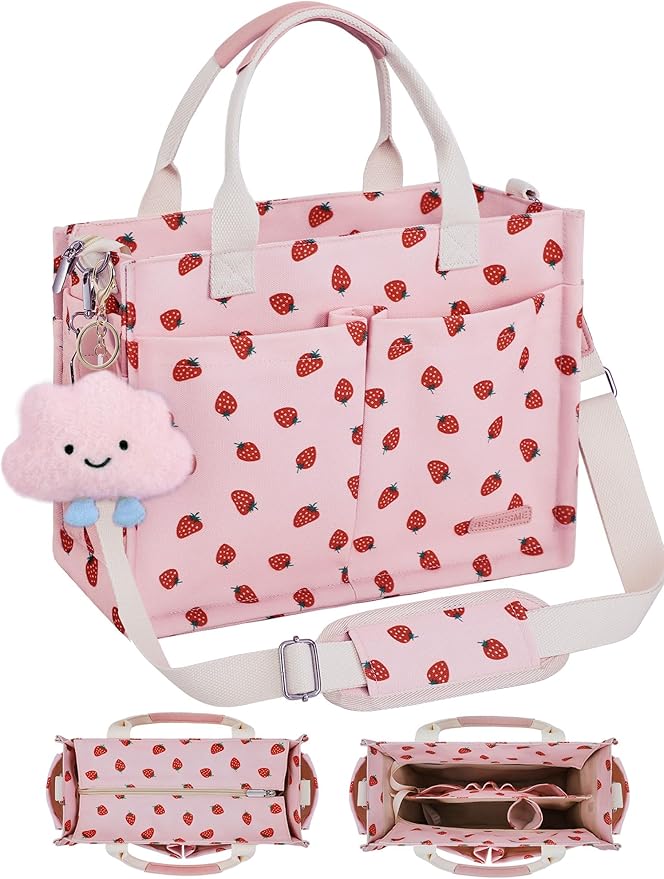 BESBESME Canvas Tote Bag for Women with Zipper & Compartments– Large Work & College Laptop Tote Crossbody Shoulder Bag