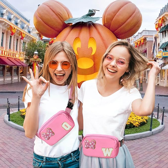 Chenille Initial Letter Bow Mouse Fanny Pack, Waterproof Park Crossbody Bag Christmas Birthday Gifts for Teen Girls Daughter Women Kids Adults, Cute Belt Bag Must Haves for Park Travel (W, Pink)