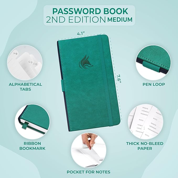 Clever Fox Password Book 2nd Edition – Hardcover Password Keeper with Alphabetical Tabs – Internet Address Notebook & Login Details Organizer Journal – 4.1x7.6” (Aquamarine)