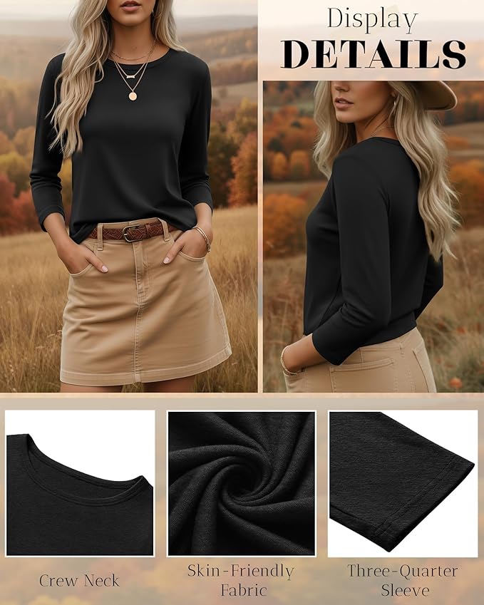 Ficerd 3 Pack 3/4 Sleeve Tops for Women Round Neck Dressy Basics Tees Casual Trendy Loose Fit T Shirts