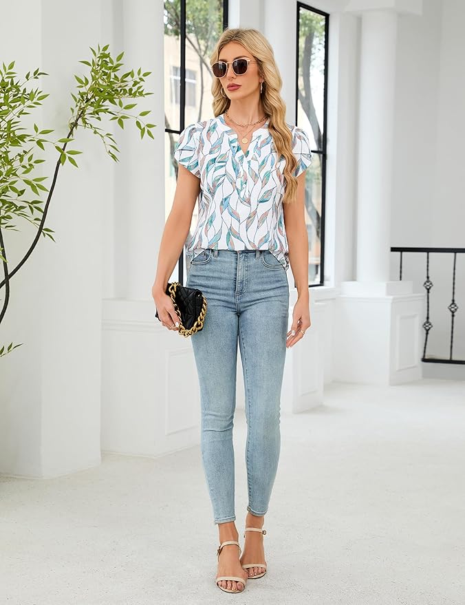 Blooming Jelly Women's Dressy Casual Tops Business Work Blouses White Button Down Shirts Cap Sleeve V Neck Tshirt