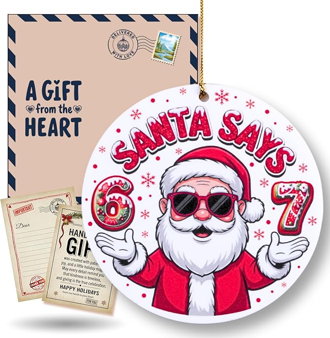 67 Funny Christmas Ornament – 67 Meme Santa Says Six Seven Acrylic Mica Ornament, Funny Teen Slang Xmas Tree Decor, Viral Meme Gift for Gen Z Boys Girls