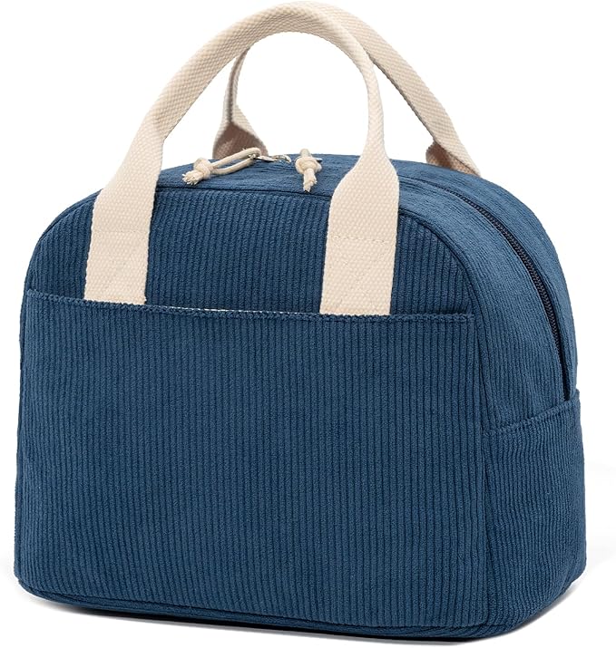Insulated Navy Blue Lunch Bag for Women, Stylish Corduroy Tote with Aluminum Lining, Large Capacity Reusable Cooler for Work, Travel, or Beach, Beige Cream Water-Resistant Lunch Box