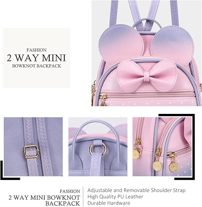 KL928 Girls Mini Backpack Bowknot Polka Dot Cute Small Daypacks Convertible Shoulder Bag Purse for Women