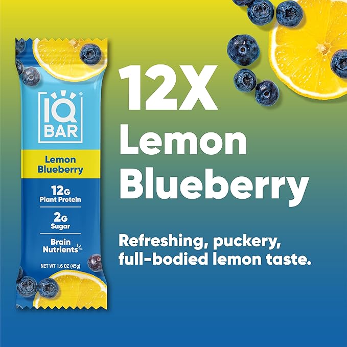 IQBAR Brain and Body Plant Protein Bars - Lemon Blueberry - 12-Count - Keto, Vegan, Low Carb, High Fiber, Gluten Free, Dairy Free, Low Sugar Snack with Nutrients for Focus, Energy, Meal Replacement