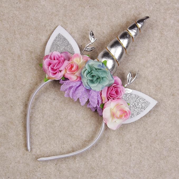 Nishine Unicorn Horn Floral Headband Glitter Ears Pony Head Bands Tiara for Girls Party Birthday Cosplay