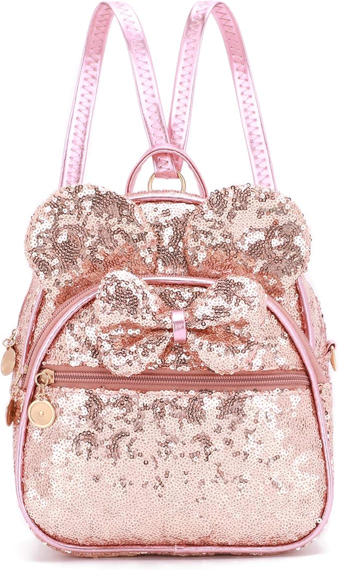 KL928 Girls Mini Backpack Bowknot Polka Dot Cute Daypacks Convertible Shoulder Bag Purse for Women (Brown) (Sequin Fluorescent Pink)