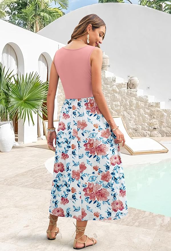 WNEEDU Women's Summer Maxi Dress 2026 Casual Sleeveless Hawaiian Sundress Tropical Long Dress Beach Vacation Outfit
