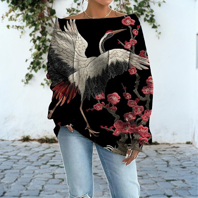 Womens Sweatshirts Floral Print Sexy Off The Shoulder T Shirts Oversized Long Sleeve Pullover Fall Tops