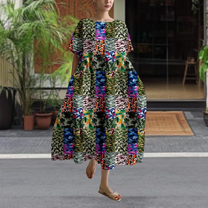 MARSVOVO Patchwork Flowy Dresses for Women Plus Size Loose Casual Tunic Dress Elegant Crewneck Maxi Dresses with Pockets