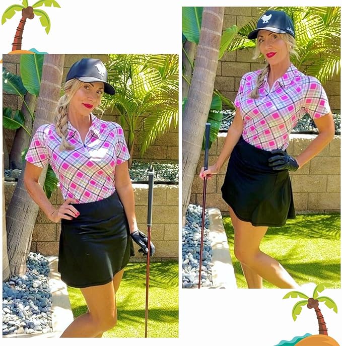 Women's Golf Shirt Short Sleeve Tennis Shirt Quarter Zip Golf Pullover Golf Polo Shirts Argyle Tops
