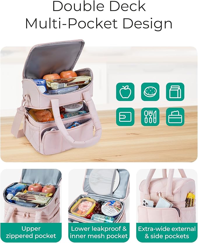 BAGSMART Lunch Bag Women, Double Deck Insulated Lunch Box, Quilted Puffer Lunch Tote, Leakproof, Durable & Reusable Large Lunch Cooler For Work Picnic Travel Meal Prep, Pink
