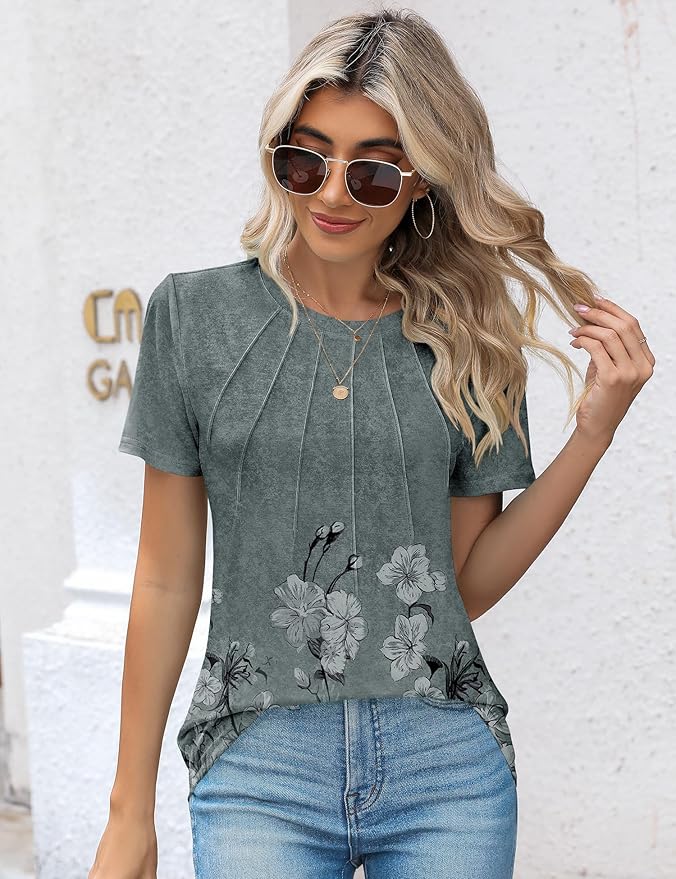 Kistore Womens Casual Crew Neck Short Sleeve Pleated Tops Blouses Fashion Clothes 2026