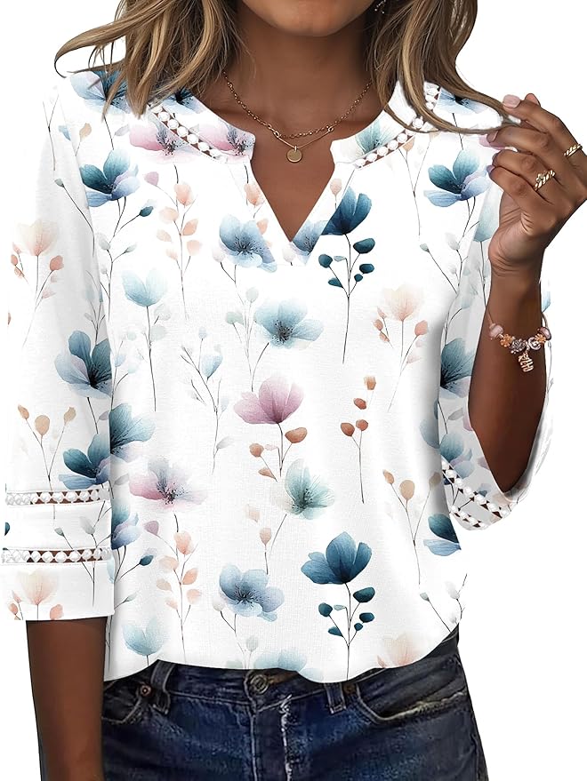 Ivicoer 3/4 Length Sleeve Womens Tops V Neck Lace Embroidered Summer Blouses Loose Fit Tunic Dressy Casual