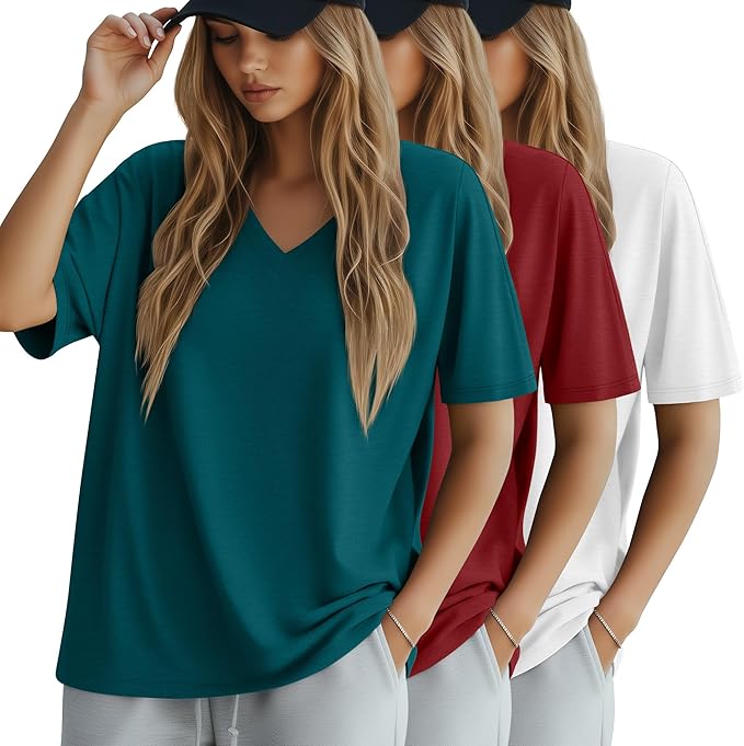 Huukeay Women's Cotton Oversized T Shirts 3 Pack V Neck Loose Fit Half Sleeve Tops Baggy Casual Summer Gym Workout Tees 2026