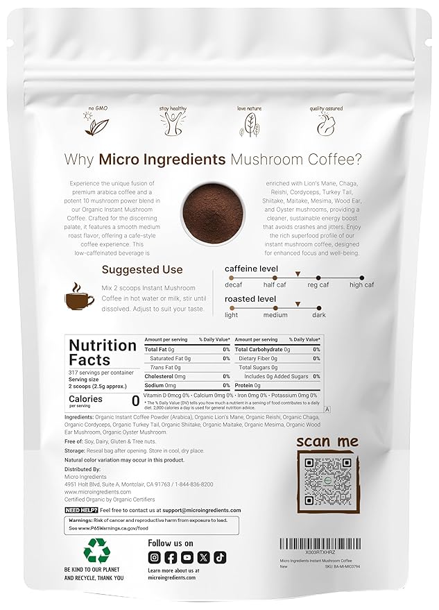 Organic Instant 10 in 1 Mushroom Coffee Powder, 28 Ounce (317 Servings) | Premium Arabica Coffee with Lion’s Mane, Chaga, Reishi & More