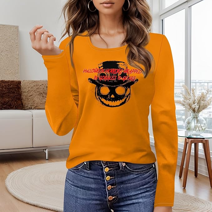 domirica Halloween Sweatshirts For Women Cute Pullover Fall Long Sleeve Pullover U-Neck Halloween Crazy Party Club Clothes
