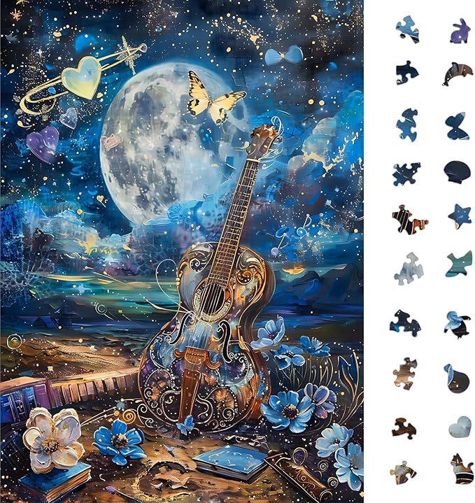 Naturelish Guitar Moon Night Jigsaw Puzzles for Adults 1000 Pieces, Murder Mystery, Unique Brain Challenging Shaped Puzzle for Game Night, Family, Friends, Size 26.6x19.2