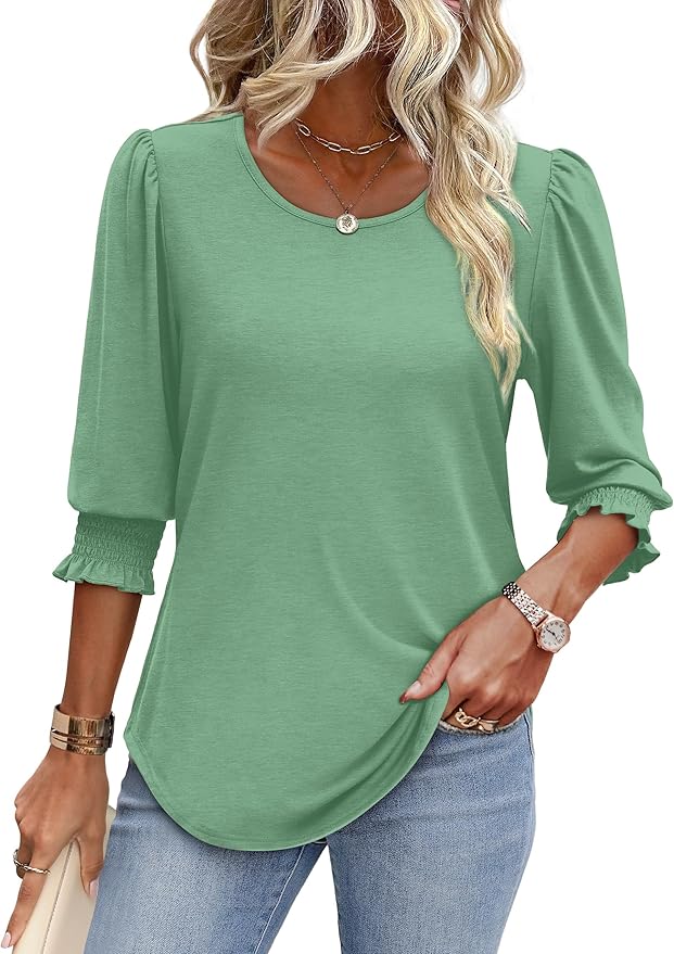 XIEERDUO Blouses for Women Dressy Casual 3/4 Length Sleeve Womens Tops with Smocked Cuffs
