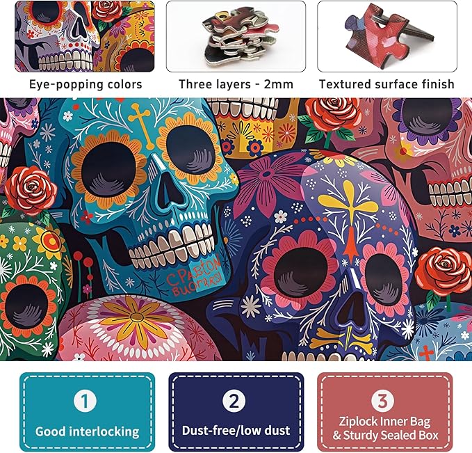 Naturelish 1000 Piece Puzzle for Adults, Colorful Floral Skull Artwork with Matte Finish, Color-Coded Back for Easy Sorting, Vibrant Art Puzzle for Adults, 19.25 x 26.65 in