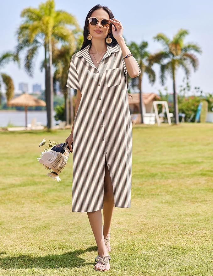 HOTOUCH Womens Dress Summer Casual Midi Short Sleeve Button Down Shirt Dresses Loose Beach Cover Up with Pockets