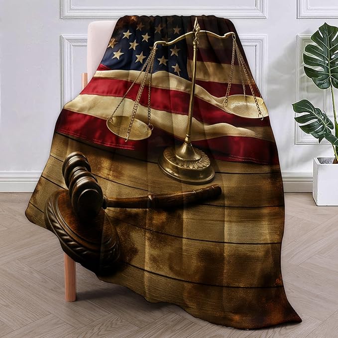 Law Day Flannel Throw Blanket, Soft Warm Cozy Plush American Flag Gavel and Scales Throw for Bed, Sofa, Office, Home Decor, Lawyer Gifts for Women, Men, 80"x60"
