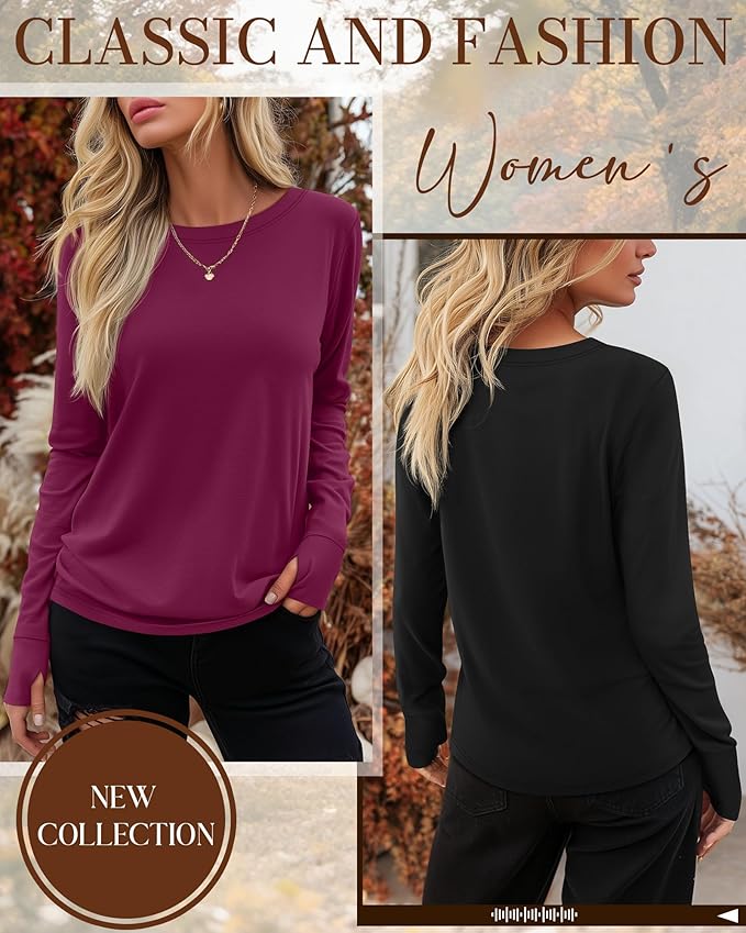 Huukeay 3 Pack Women's Long Sleeve Shirts with Thumb Holes, Cotton Casual Crew Neck Tunic Tops Fall Loose Y2k Trendy Outfits